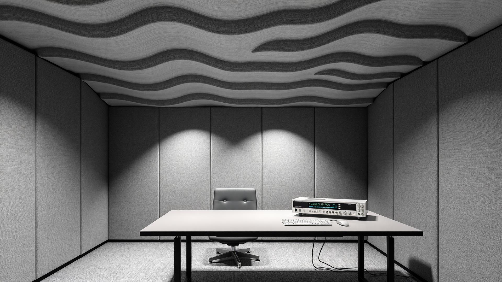 Acoustic research room with sculptural wave-pattern baffle ceiling